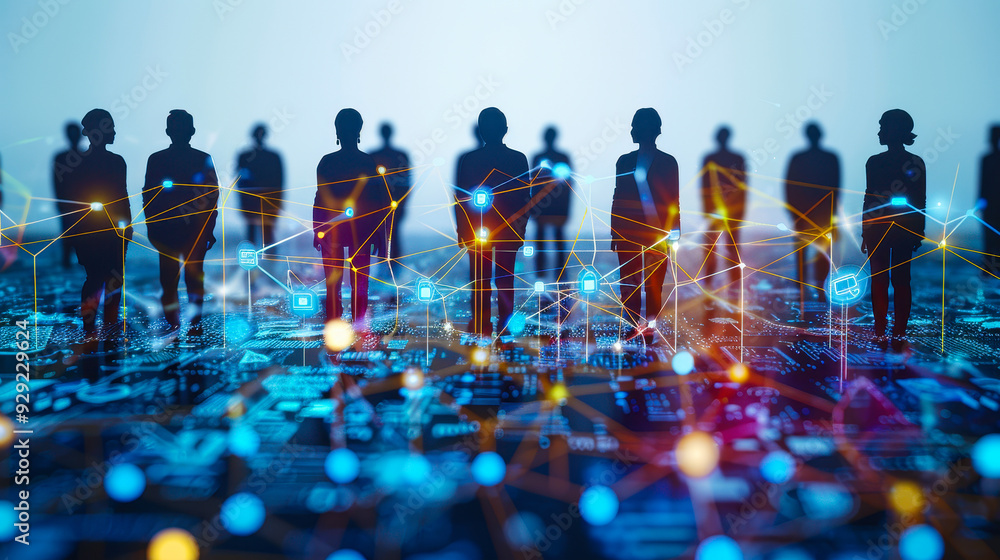 Poster digital network of people connected by technology in modern abstract background silhouettes data vis