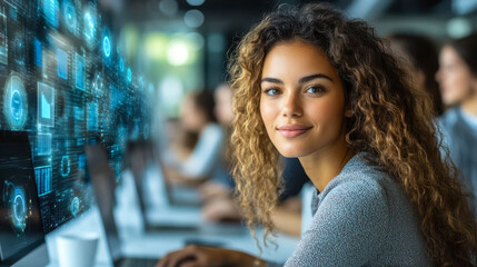Young professional woman using advanced document management technology in modern hybrid work environment, featuring seamless collaboration, digital interface, and office teamwork during daytime.
