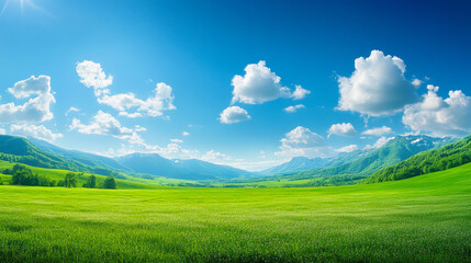 Obraz premium Mountain Meadow Paradise with Green Grass Fields, Majestic Mountains, Blue Sky and White Clouds on a Sunny Day - Ideal for Nature, Serenity, and Adventure Themes