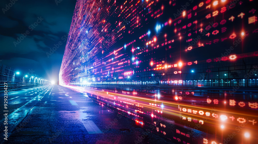 Poster digital transformation and futuristic cityscape at night featuring accelerated data streams and tech