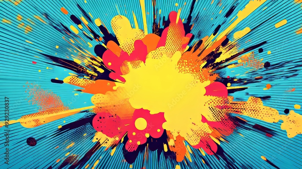 Poster colorful paint splattering creating abstract background with copy space