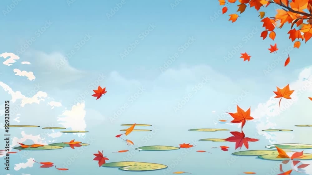 Poster orange leaves fall from a tree and float on a calm lake surface. white clouds drift across a bright 