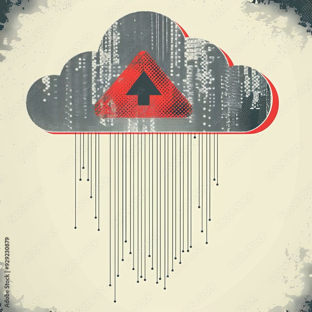 Poster data upload concept retro grunge cloud with upload symbol and streaming lines on beige background