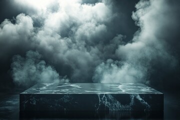 Dramatic clouds above a dark, reflective marble slab bathed in a glowing light, creating a surreal and ethereal atmosphere. with generative ai
