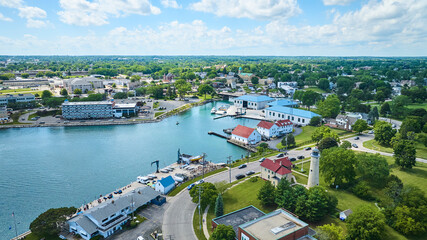 Aerial Fly Through of Kenosha Marina and Lighthouse