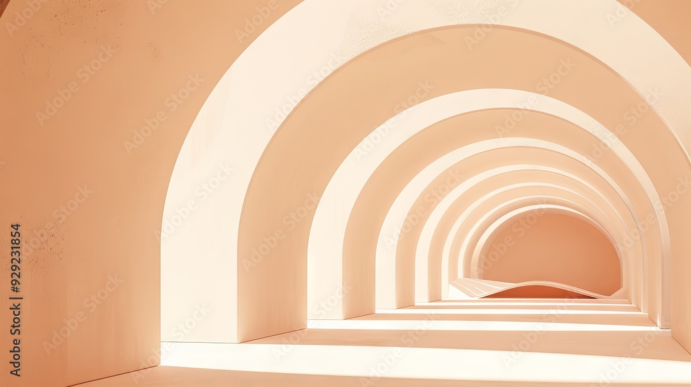 Poster soft beige arches form a calming tunnel, showcasing minimalist design and natural light streaming th