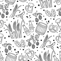 Graphic seamless pattern with brewing ingredients.Glasses with foaming beer, hops, barley, barrel, oak leaves, bottles.Outlines design elements in black on white background.Vector doodle  illustration