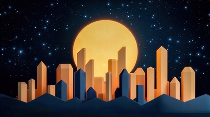 A vibrant city skyline silhouette against a luminous full moon and starry night sky, creating a captivating urban landscape.