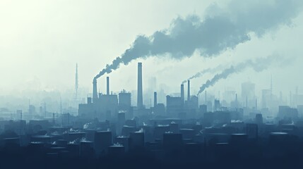 Fototapeta premium A foggy industrial landscape with smoke billowing from factories, highlighting pollution issues.