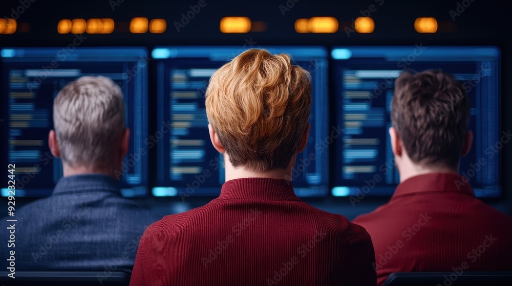 Poster three professionals work together in a control room, focused on monitors displaying data and informa