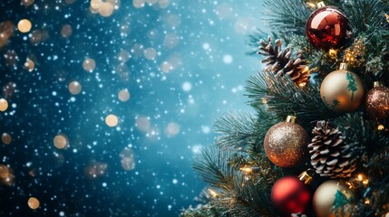 Christmas tree is sparkling with fairy lights on blue background