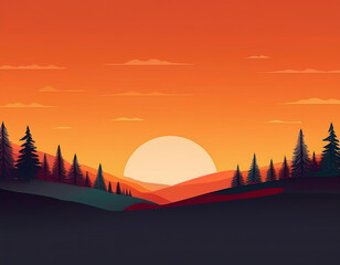 Naklejka premium Minimalist Sunset Over Forest Simple Shapes and Gradients for Warm Autumn Evenings