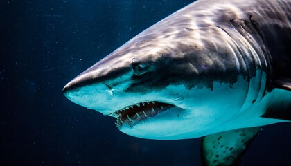 Fototapeta premium Great white shark view in depth of sea; clear turquoise waters 