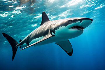 Great white shark view in depth of sea; clear turquoise waters 