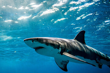 Fototapeta premium Great white shark view in depth of sea; clear turquoise waters 