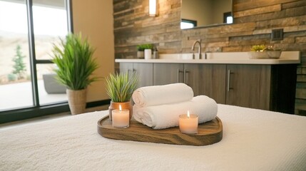 A serene spa setting featuring white towels, candles, and greenery, perfect for relaxation and wellness.
