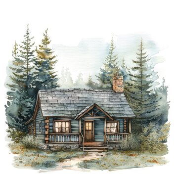Rustic Timberland Retreat. Hand-Painted Watercolor Illustration of Country Chalet in Nature Setting