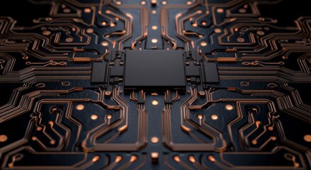 Intricate circuit board with copper traces and electronic components