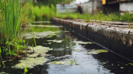 Fototapeta premium Toxic waste is being discharged from a factory into a nearby waterway, impacting the ecosystem and surrounding vegetation