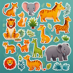 Naklejka premium Set of cute animals stickers for kids on abstract background, design illustration wallpaper 