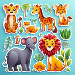 Fototapeta premium Set of cute animals stickers for kids on abstract background, design illustration wallpaper 
