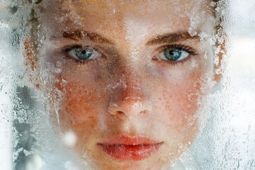 Frozen beauty - close-up of a woman's face with icy texture