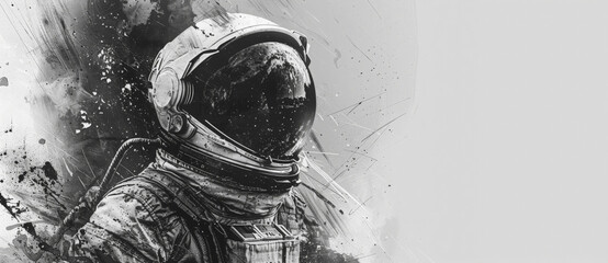 A monochromatic image of an astronaut against an abstract cosmic background, blending elements of space exploration and artistic expression.
