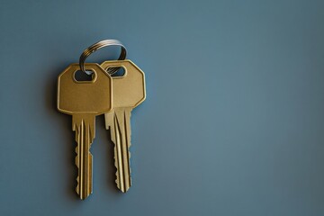 Image of a shimmering golden key paired with a house-shaped keyring on a neutral gray background