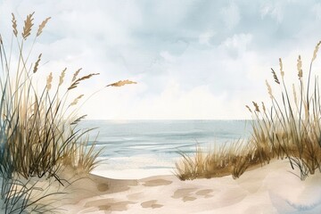 Serene Seaside Landscape. Watercolor Illustration of Coastal Dune and Sea Grass with Relaxing Beach View