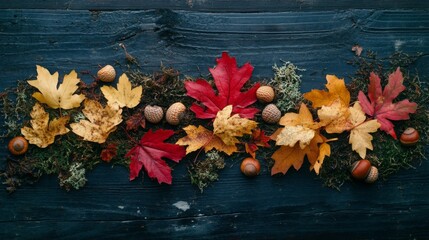 Vibrant red, orange, and yellow leaves are arranged with acorns and moss on a dark wooden background, showcasing the beauty of fall.
