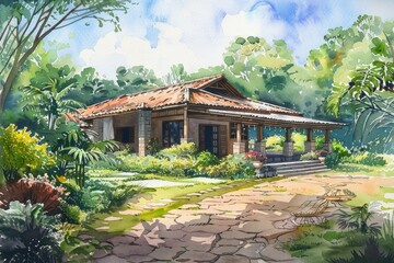 Serene Countryside Retreat. Hand-painted Watercolor Bungalow Surrounded by Lush Garden