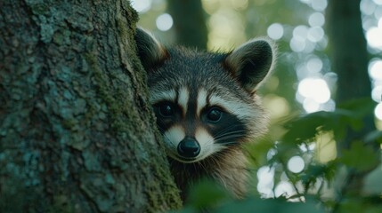 Fototapeta premium Curious raccoon peeking out from behind tree trunk