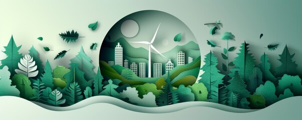 Eco-friendly paper cut design showing sustainability with wind turbines and trees