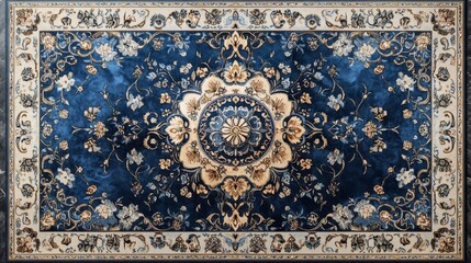 Blue persian rug featuring floral pattern covering floor