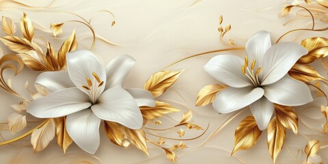 This design is truly stunning, showcasing beautifully blooming lilies in a lavish palette of white and gold, which perfectly emphasizes both the natural beauty and intricate texture of the flowers