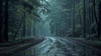 Fototapeta premium A misty road winding through a dense forest in the early morning, creating a serene and mysterious atmosphere. 