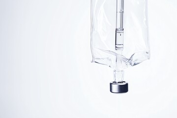 A clear intravenous (IV) bag hanging against a white background. The IV bag is connected to a needle, ready for medical use.