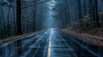 Fototapeta premium A misty, empty road stretching through a foggy forest, capturing the mysterious and tranquil atmosphere of autumn. 