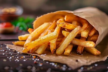 Delicious and crispy french fries spilling out off a paper bag for food packaging and advertising