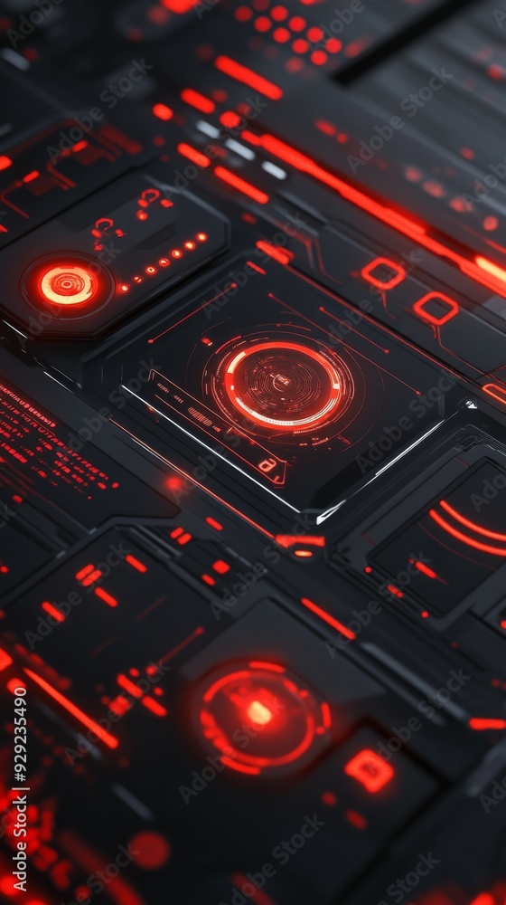 Poster futuristic interface glowing red with information displaying