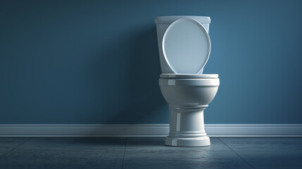 a white toilet against a dark blue wall, set on a grey floor. The overall aesthetic suggests a clean and simple bathroom ambiance.