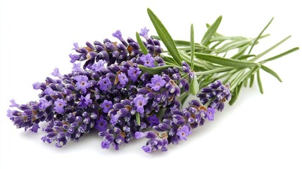   A group of lavender blossoms placed atop a white background with verdant foliage surrounding them