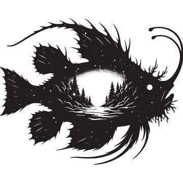 recommend clip art: silhouette of Anglerfish filled with nature view in rough drawing
