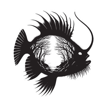 recommend clip art: silhouette of Anglerfish filled with nature view in rough drawing