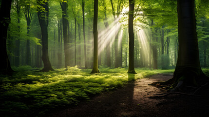 Obraz premium light shining into the green woods