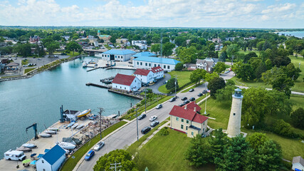 Aerial View of Kenosha Harbor with Lighthouse and Marina