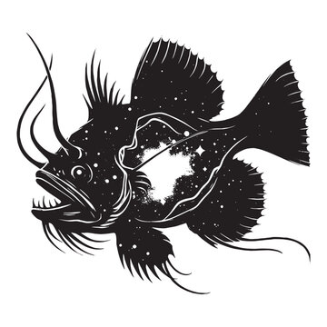 recommend clip art: silhouette of Anglerfish filled with space and sci-fi element in rough drawing
