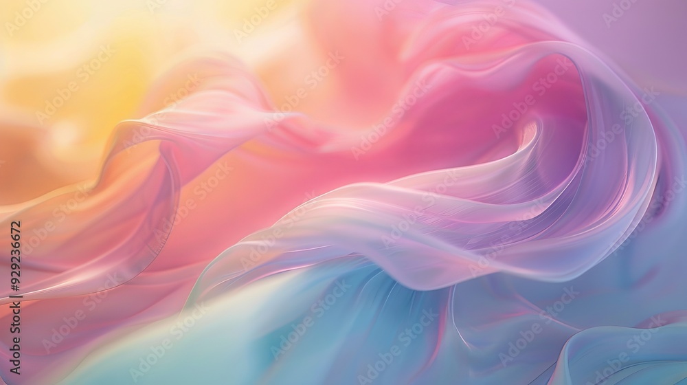 Poster a blend of soft pastel colors swirls gracefully, evoking a serene and dreamy atmosphere with flowing
