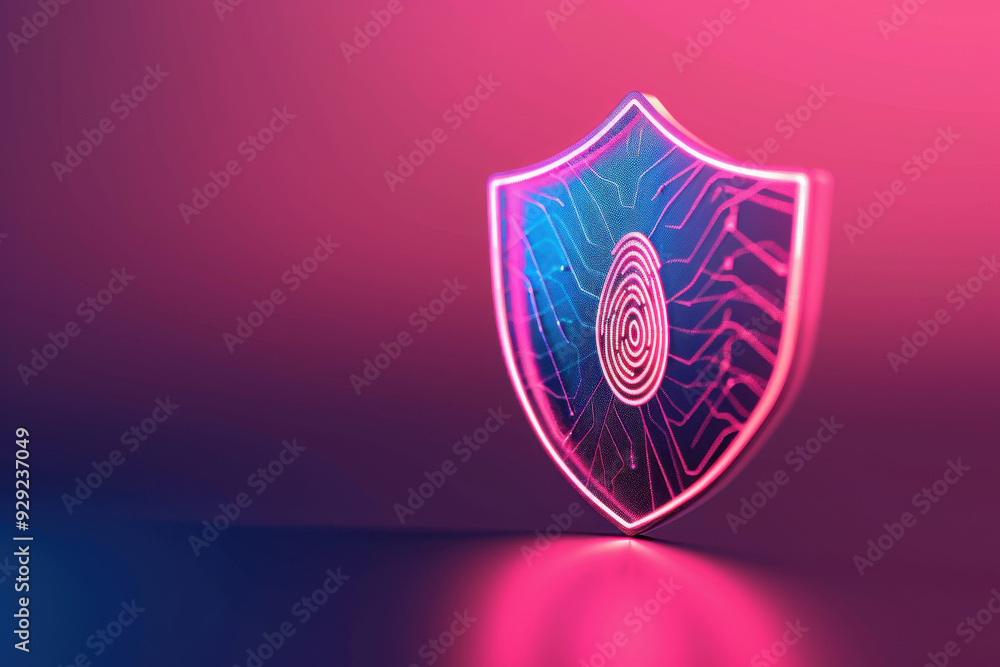 Poster a glowing shield symbol with a fingerprint design, representing digital security and protection in t