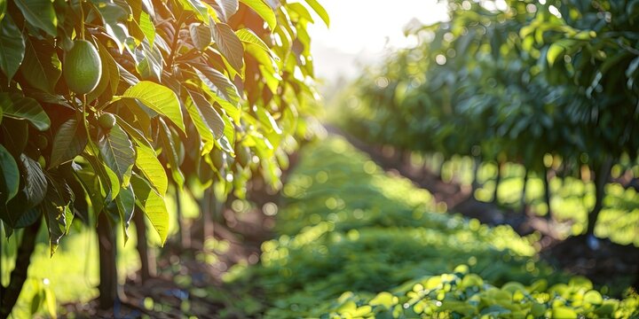 row of avocado trees in orchard, the sun is bright, crating sense of vastness and tranquility, 